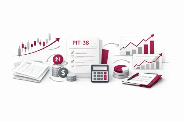 Grafika przedstawia elementy związane z finansami: wykresy giełdowe, PIT-38, kalkulator, monety z symbolem złotówki i dolara, stosy dokumentów i wykresy słupkowe. To wszystko symbolizuje zarządzanie **kapitałem** i rozliczenia podatkowe.