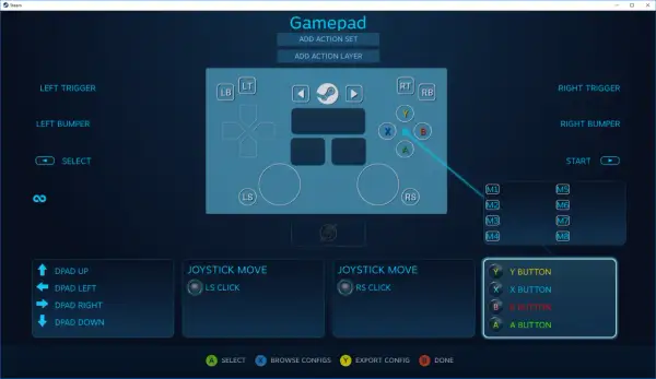 Interfejs Steam z widokiem konfiguracji pada, przyciskami i opcjami.