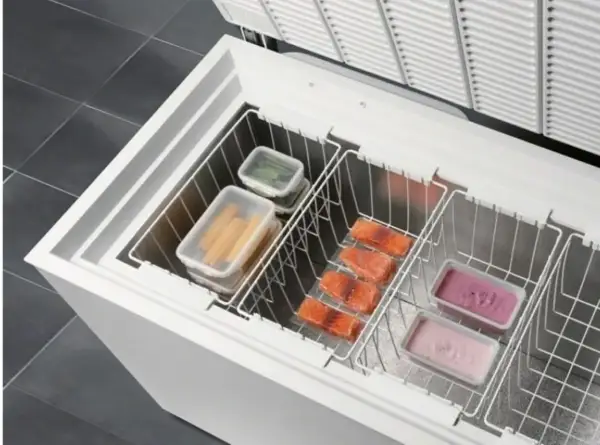 Interno di un congelatore a pozzetto con scomparti contenenti salmone, verdure e gelati. La temperatura del pozzetto è ideale per la conservazione.