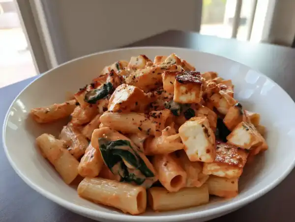 En skål med krämig halloumi pasta med spenat och kryddor.