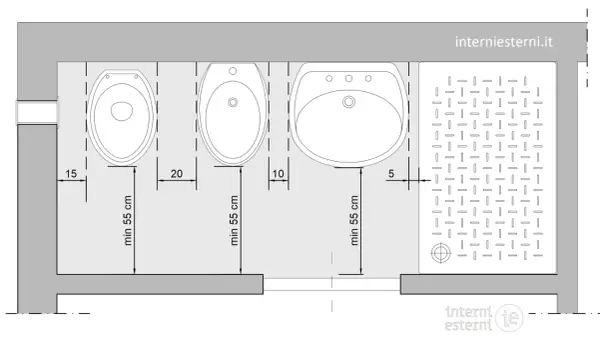 Schema di un bagno con misure ideali: WC, bidet, lavabo e piatto doccia con distanze minime per un comfort ottimale.