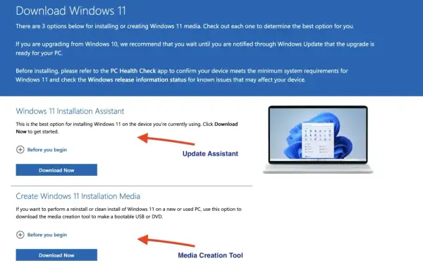 Strona pobierania Windows 11 z asystentem instalacji i narzędziem do tworzenia nośników.