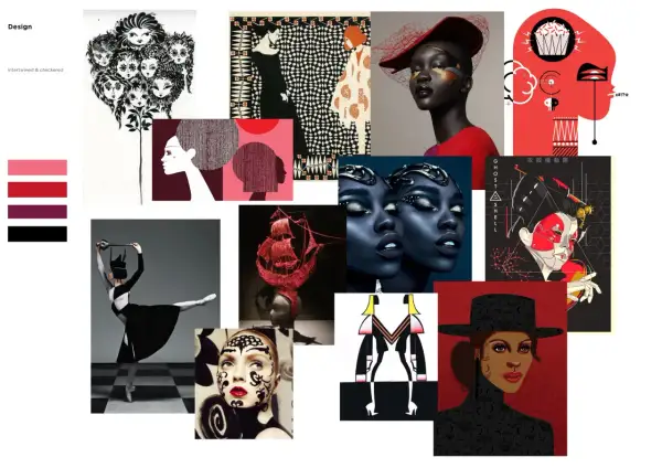 A vibrant mood board art collage featuring diverse imagery: a dancer, stylized faces, a ship, and graphic designs.