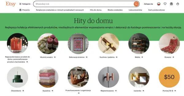 Strona główna Etsy z ofertami "Hity do domu". Czy Etsy jest bezpieczne? Tak, platforma oferuje szeroki wybór dekoracji i artykułów do domu.