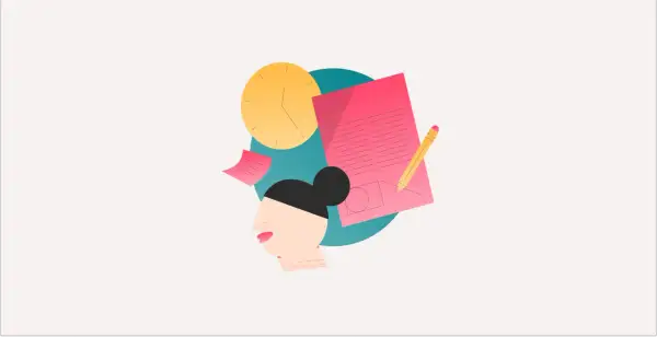 Cabeza de mujer con notas, reloj y lápiz, simbolizando la transformación del tiempo completo en indefinido.