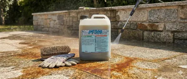 Prodotto per togliere colla dal marmo, con spazzola e guanti pronti all'uso. Idropulitrice in azione.