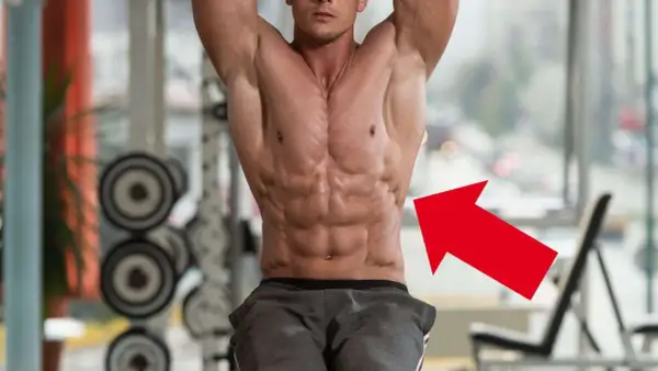 Ein Mann mit stark ausgeprägten Bauchmuskeln, der rote Pfeil zeigt auf den serratus anterior.