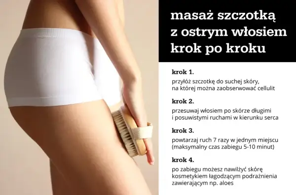 Masaż antycellulitowy szczotką z ostrym włosiem. Instrukcja krok po kroku, jak wykonać zabieg na suchą skórę.