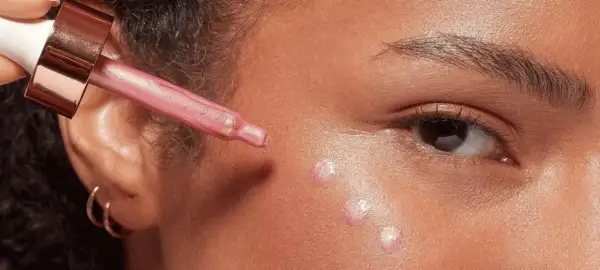 Applicazione di illuminante liquido sul viso con contagocce per un look radioso.