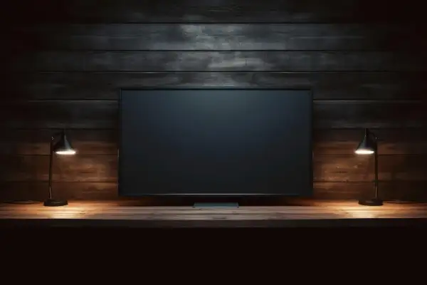 Ciemny ekran telewizora, dwie lampki po bokach. Brak obrazu w telewizorze, tylko pustka.