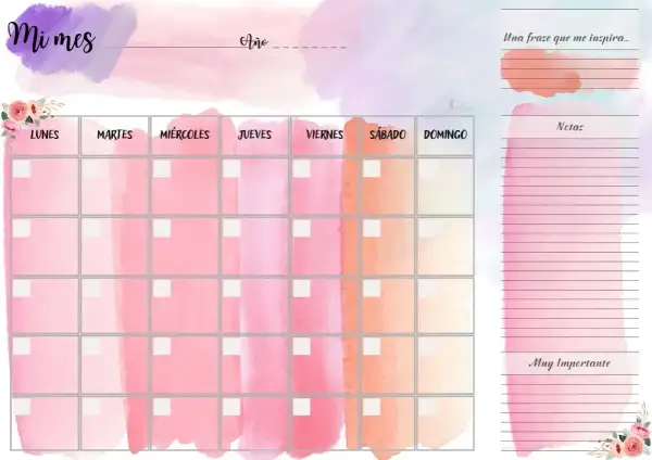 Planificador mensual imprimible con diseño acuarela rosa y morado. Ideal para organizar tu mes.