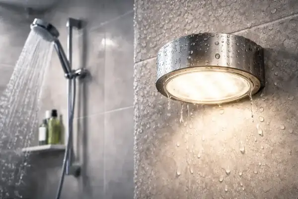 Wodoodporna lampa IP67 w łazience, oświetla wilgotne płytki, gdy prysznic jest włączony.