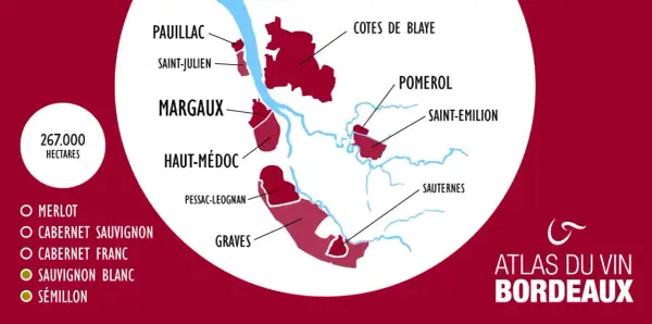 Carte des vignobles de Bordeaux, montrant les appellations célèbres pour leurs grands crus classés.