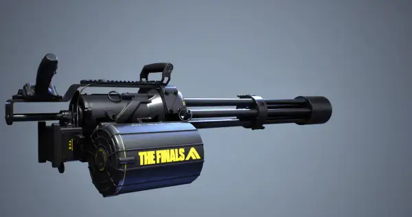 Czarny minigun na strzałki z żółtym napisem "THE FINALS" na magazynku.