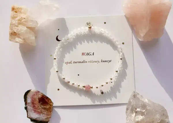 Bransoletka z kamieni naturalnych dla Wagi: opal, turmalin różowy, kunzyt. Idealny kamień zodiakalny.
