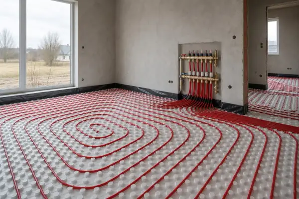 Instalacja ogrzewania podłogowego z rurkami ułożonymi co 10-15 cm, podłączonymi do mosiężnego rozdzielacza.
