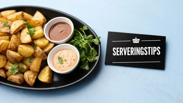 Krispiga patatas bravas med två dippsåser och en skylt med texten "Serveringstips".