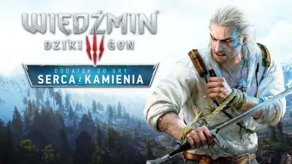 Geralt z Rivii, gotowy do walki, z mieczem w dłoni. Tytuł "Wiedźmin 3: Serce z Kamienia" widoczny na tle górskiego krajobrazu.