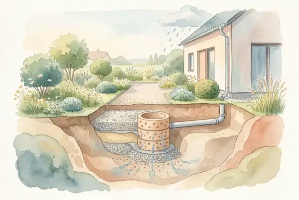 Sickergrube im Garten: Regenwasser fließt vom Haus durch Rohre in die Sickergrube, wo es im Erdreich versickert.