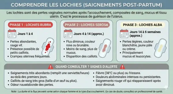 Infographie expliquant les lochies, pertes post-accouchement. Phase 1 : abondantes, rouge vif. Phase 2 : flux diminue, rose/brunâtre. Phase 3 : légères, blanchâtres. Signes d'alerte : saignements abondants, fièvre.