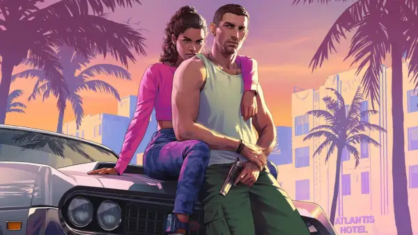 Para z GTA 6 na PS5 siedzi na masce samochodu na tle palem i hotelu Atlantis.