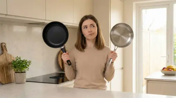 Une femme hésite entre une poêle antiadhésive et une poêle en inox. Quel ustensile représente un danger ?
