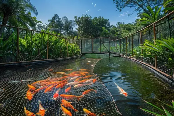 Un étang luxuriant abrite une multitude de poissons koïs colorés, certains pris dans un filet, d'autres nageant librement. Ces poissons, qui se nourrissent de poissons, évoluent dans un décor tropical verdoyant.