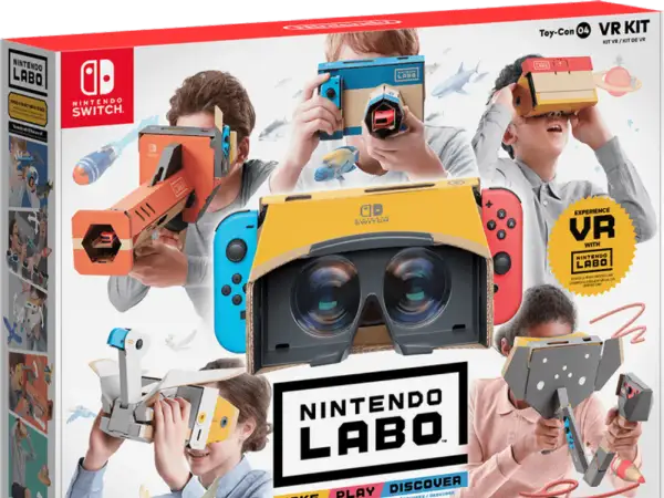 Dzieci bawią się w wirtualnej rzeczywistości z Nintendo Switch VR. Zestaw zawiera kartonowe gogle i akcesoria do tworzenia własnych przygód.