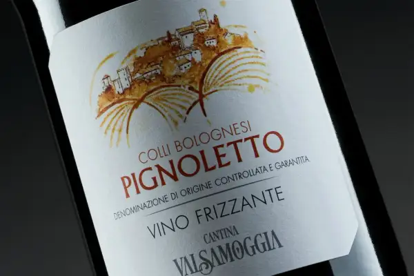 Etichetta di Pignoletto Frizzante, vino tipico bolognese, con disegno di un borgo collinare e vigneti.