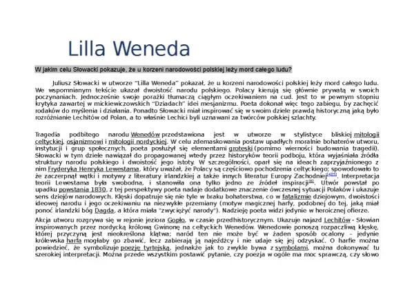 Juliusz Słowacki w "Lilli Wenedzie" ukazuje korzenie polskiej narodowości. Streszczenie utworu.