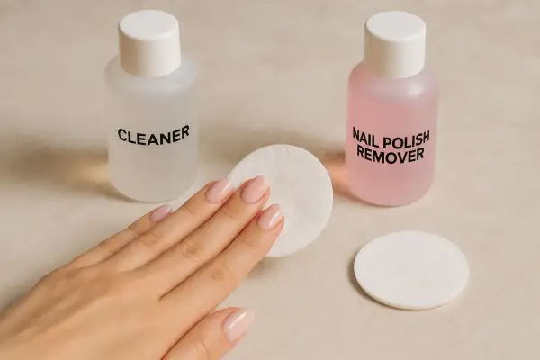Dłoń z paznokciami obok buteleczek z napisem "CLEANER" i "NAIL POLISH REMOVER". Czym można zastąpić cleaner?
