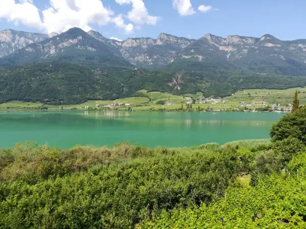 Zielony, spokojny Lago di Caldaro otoczony zielonymi wzgórzami i majestatycznymi górami.