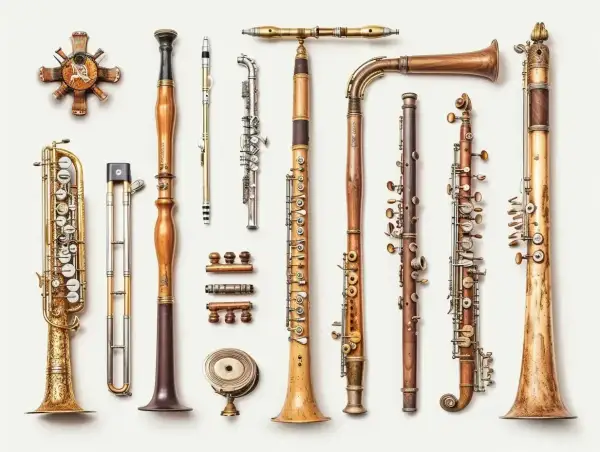 Kolekcja zabytkowych instrumentów dętych, od saksofonu po klarnet, prezentuje kunszt dawnych rzemieślników.