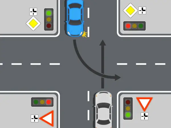 Kreuzung mit Ampel und Verkehrszeichen. Ein blauer PKW biegt ab, während ein weißer PKW geradeaus fährt.