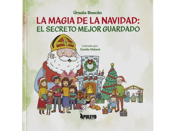 Ilustración de libro infantil sobre las leyendas de navidad, con San Nicolás, una familia, un árbol y un belén.