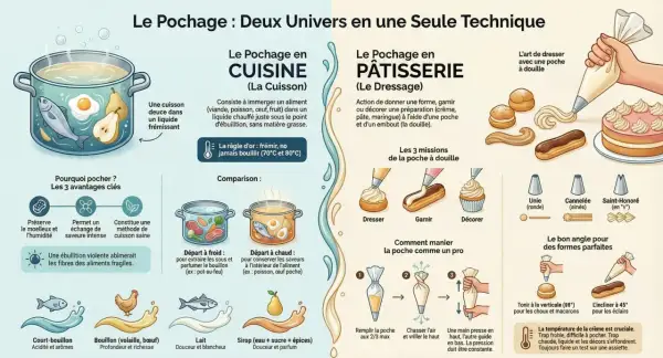 Poisson poché dans un court-bouillon frémissant, une cuisson douce pour préserver saveurs et moelleux.