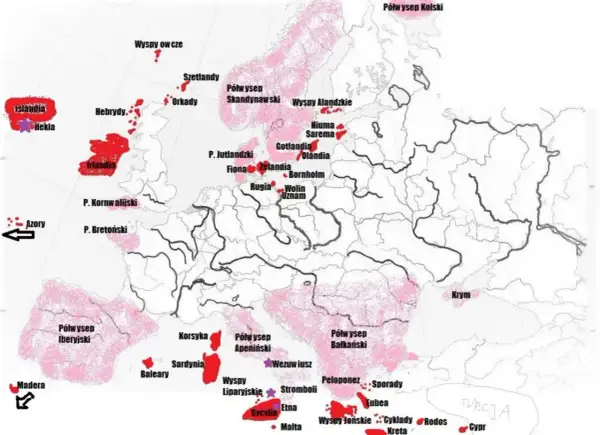 Mapa Europy z zaznaczonymi na czerwono i różowo obszarami wulkanicznymi i nazwami miejsc.