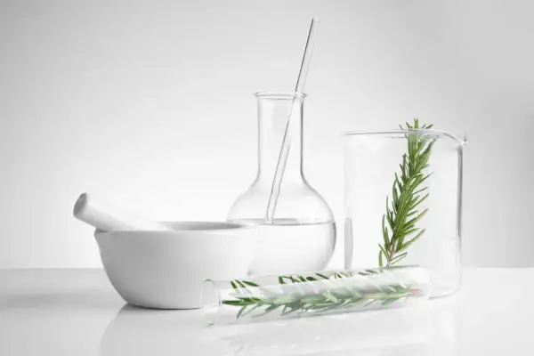 Laboratorio con mortaio, provette e becher contenenti rosmarino e liquido limpido, forse benzyl alcohol per estrarre essenze naturali.