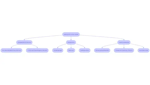 Mind map detailing risks of sleeping with contact lenses, including infections, corneal damage, and vision loss, alongside preventive measures.