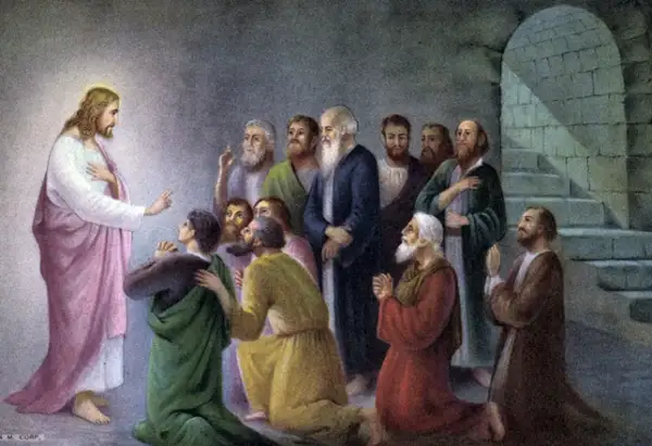 Jezus spreekt tot zijn discipelen. Wie waren de apostelen van Jezus? Hier zie je hen, luisterend en biddend.