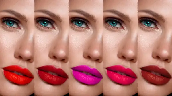 Cinq paires de lèvres, chacune avec une couleur de rouge à lèvres différente, montrant comment mettre du rouge à lèvres pour un look vibrant.