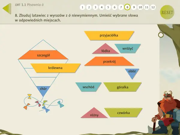 Zbuduj latawiec z wyrazów z ó: "szczegół", "królewna", "chór", "przyjaciółka", "łódka", "wróżyć", "przekrój", "obóz", "wschód", "góralka", "różny", "czwórka".