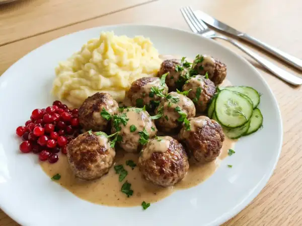 En tallrik med typisk svensk mat: köttbullar i gräddsås, potatismos, rårörda lingon och gurka.