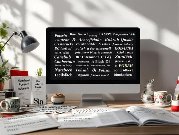 Na biurku stoi komputer z tekstem, gdzie widać polskie znaki. Obok kubek, książki i lampka.