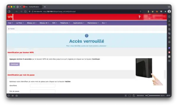 Accès verrouillé. Pour identifier votre Box, appuyez sur le bouton WPS jusqu'à ce qu'il clignote. Une image montre un doigt appuyant sur le bouton WPS.
