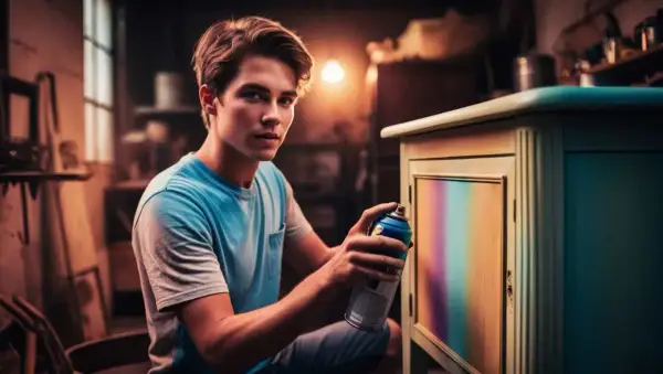 Giovane artista che sta verniciando con bomboletta spray su legno un mobile, creando un effetto arcobaleno.