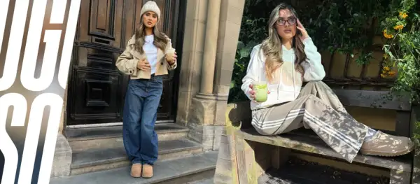 Due immagini affiancate: una donna con cappello e giacca beige, jeans larghi e pantofole **ugg si allargano**; l'altra seduta con felpa e pantaloni sportivi, indossa **ugg si allargano**.