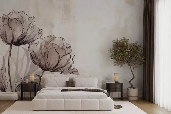 Elegancka sypialnia z fototapetą tulipany w stylu szkicu. Duże, delikatne kwiaty na ścianie tworzą subtelne tło dla białego łóżka i nowoczesnych mebli.
