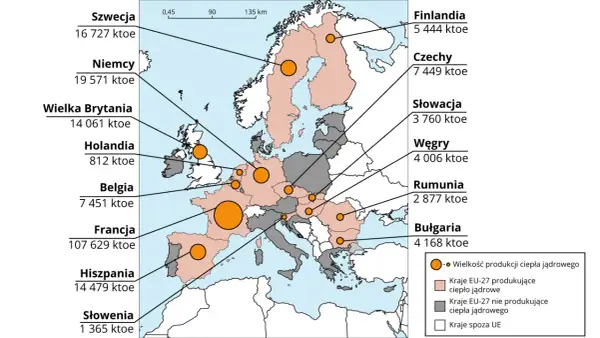 Mapa Europy z zaznaczonymi elektrowniami jądrowymi i ich produkcją. Francja liderem, Polska poza UE.