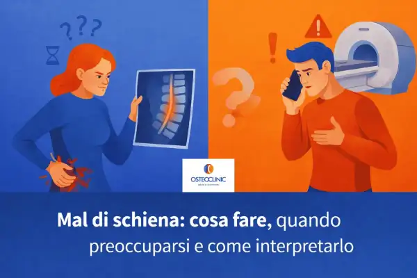 Donna con mal di schiena guarda una radiografia. Uomo al telefono vicino a una risonanza magnetica. Cosa fare per il mal di schiena.